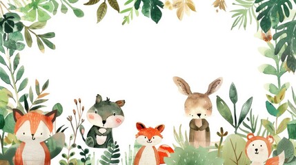 Naklejka premium Watercolor frame with cute plants and animals, offering space for your message.