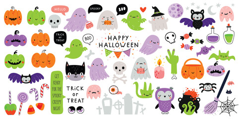Halloween graphic elements - pumpkins, ghosts, zombie, owl, cat, candy and others. Hand drawn set. Vector illustration.