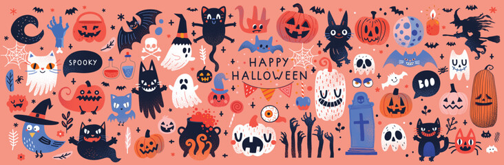 Halloween graphic elements - pumpkins, ghosts, zombie, owl, cat, candy and others. Hand drawn set. Vector illustration.