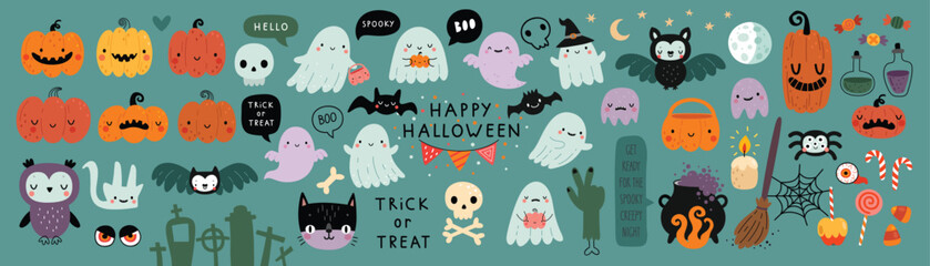 Halloween graphic elements - pumpkins, ghosts, zombie, owl, cat, candy and others. Hand drawn set. Vector illustration.