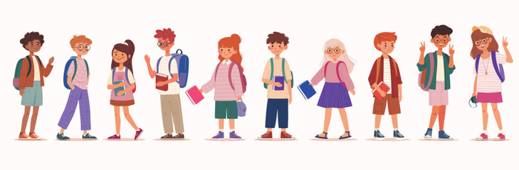 Obraz premium Back to school kids hand drawn style, education theme. Boys and girls with backpacks and books. Vector illustration.