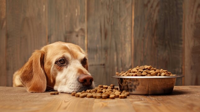 A dog patiently awaits its meal, resting its head on the table close to a bowl filled with kibble, showcasing anticipation and hunger