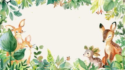 Fototapeta premium Watercolor frame with cute plants and animals, offering space for your message.