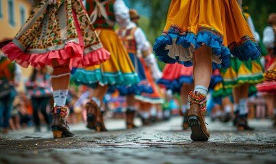 Traditional Bavarian folk dancers performing a lively Schuhplattler dance at the Oktoberfest festival.