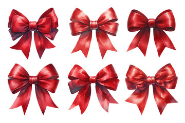 Set Red bows in a watercolor style isolated on a png background. Colored decorative bows for cards, invitations, scrapbooking, and decor.