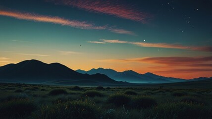 Obraz premium Calming rhythms of grass, mountains, stars in the evening, simple scenery, comfort, relaxation.
