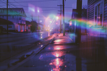 Rainbow in the city at night. Blurred background. Retro style.