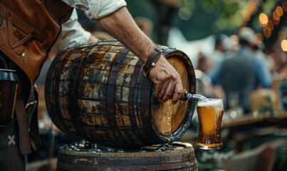 Man in lederhosen pouring beer from a wooden keg at the Oktoberfest festival.