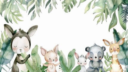 Whimsical watercolor frame with adorable animals and lush plants, offering room for your message.