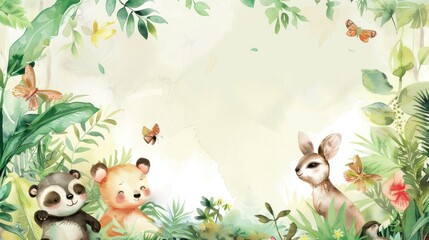Naklejka premium Whimsical watercolor frame with adorable animals and lush plants, offering room for your message.
