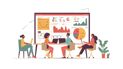 Fototapeta premium Flat illustration of a group of people working together in a modern office space