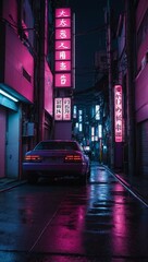 Tokyo cyberpunk night - narrow street, vibrant pink and purple neon, futuristic wallpaper, high contrast