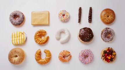 A row of donuts with a variety of toppings and flavors