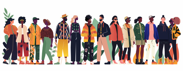 Diverse group of stylish people wearing trendy clothing standing together with plant elements in the background