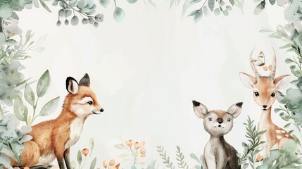 Whimsical watercolor frame with charming animals and lush plants, perfect for highlighting your message.