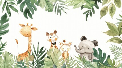 Whimsical watercolor frame with charming animals and lush plants, perfect for your text.