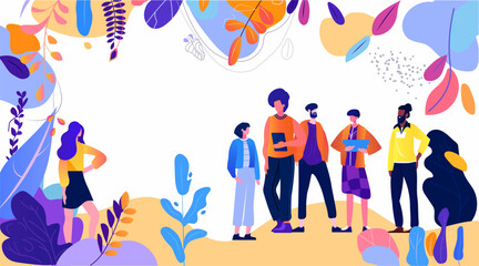 Group of diverse people standing and talking surrounded by colorful abstract foliage leaves and shapes modern flat design