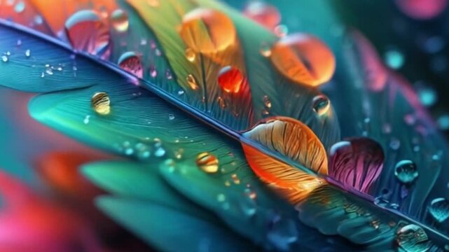 close up of colorful drops per leaf