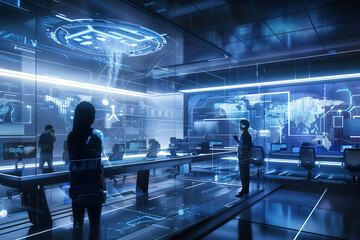 Futuristic command center with advanced technology and digital interfaces. Analysts monitor global data on large screens, showcasing cybersecurity, data analytics, and high tech operations