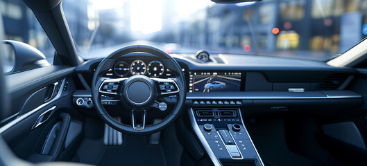 Modern Luxury Car Interior Displaying Advanced Technology in Urban Environment at Sunset