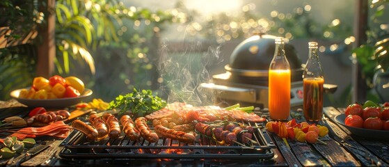 A barbecue brunch with a grill full of breakfast sausages, bacon, and grilled vegetables, surrounded by morning light and a table set with coffee and juices