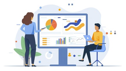 Fototapeta premium Illustration of Business People Analyzing Data and Charts on a Large Monitor
