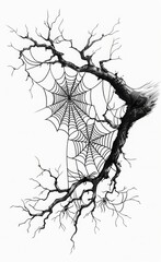  simple black ink tattoo design of a spider web hanging from an old tree branch, white background, sticker style 