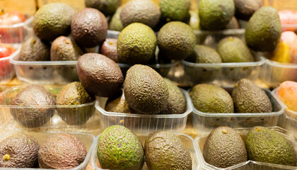 Showcase with fresh organic avocado in supermarket. Plastic boxes in the shop of greengrocer at market.