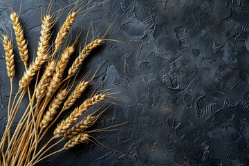 Bouquet of golden wheat ears lying on dark grey background. Copy space for text
