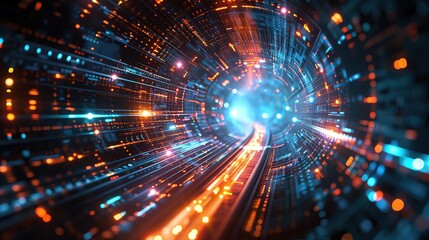Obraz premium An immersive abstract tunnel background showcasing connectivity, data, adaptation, and cognitive intelligence, with dynamic perspective and a bold color palette