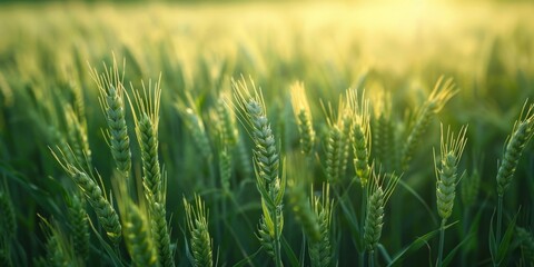Green wheat growing in farm field on sunny day. Horizontal banner
