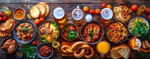 Rustic wooden table set with traditional Bavarian dishes, beer steins, and pretzels at Oktoberfest.