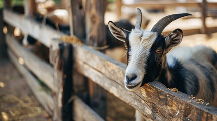 A goat is standing in front of a wooden fence