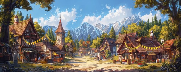 Scenic view of a lively village with decorative banners and joyful festivities.