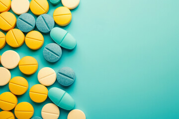 Background of colored pills, concept of pharmacology and health. Copy space for text