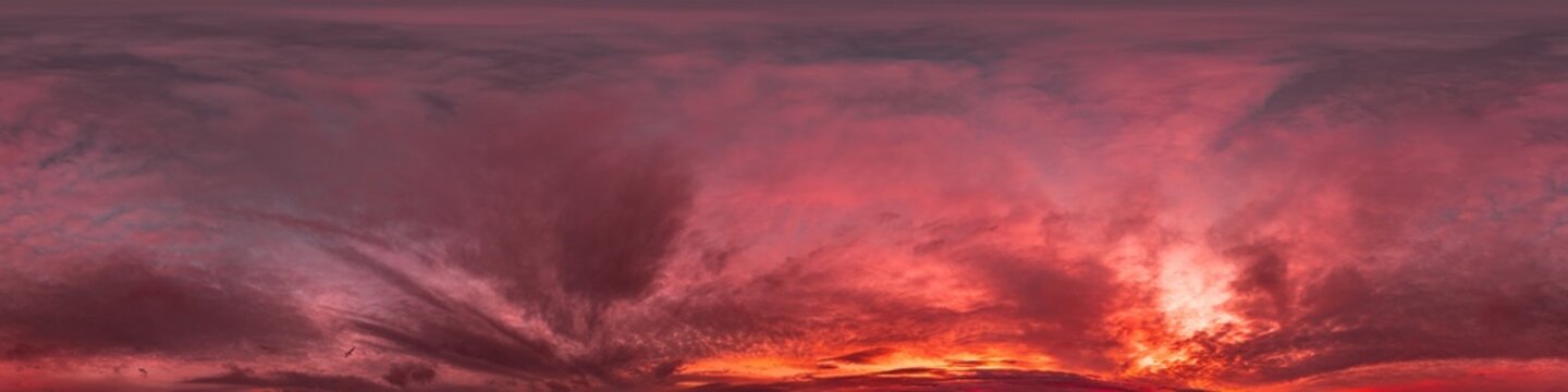sunset sky panorama with red burning clouds. Seamless hdr 360 pano in spherical equirectangular format. Sky dome or zenith for 3D visualization, sky replacement for aerial drone panoramas