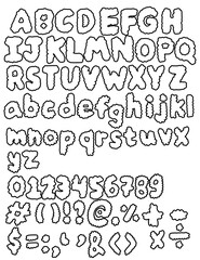 Set of letters.Line cloud alphabet.Hand drawn doodle.English font and number.Cloudy.Bubble Graffity type.Cute typography.Sign, symbol, icon or logo isolated.Cartoon vector illustration.Flat design.