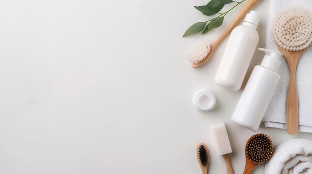 A serene study of skincare essentials on a white background, featuring bamboo accents,