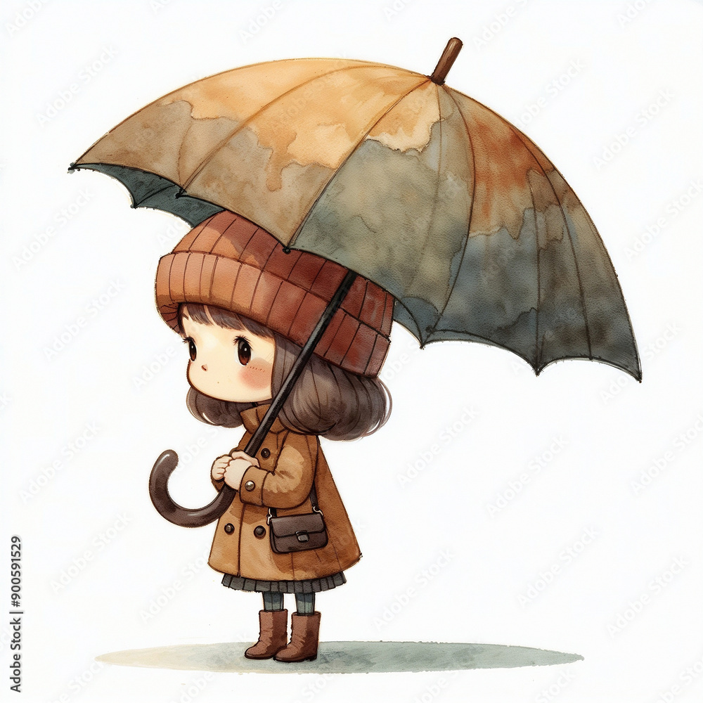 Canvas Prints Cute cartoon person with umbrella on white background. AI 