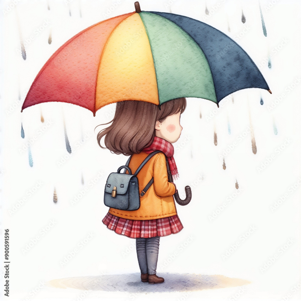 Canvas Prints Cute cartoon person with umbrella on white background. AI 