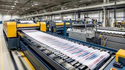 High-speed printing machine produces magazines, displays speed and productivity, focuses on, media production, AI-GENERATED high-quality photos