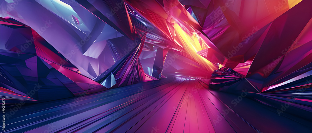 Aufkleber A futuristic abstract scene featuring a crystal-like pathway with vibrant colors and sharp, angular shapes illuminated by dynamic lighting.