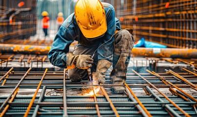 Industrious construction worker engaged in welding metal rebar, showcasing the gritty realities and expertise involved in the building of modern urban infrastructure