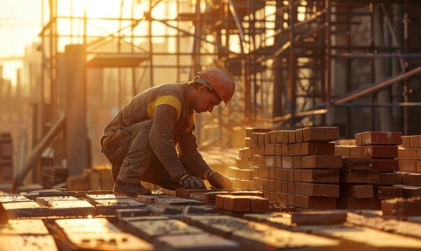 A bricklayer wearing gloves and a jacket carefully places bricks on a construction site, showcasing the meticulous detail and hard work involved in building structures