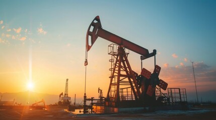 A sunset over a field with a large oil rig in the foreground
