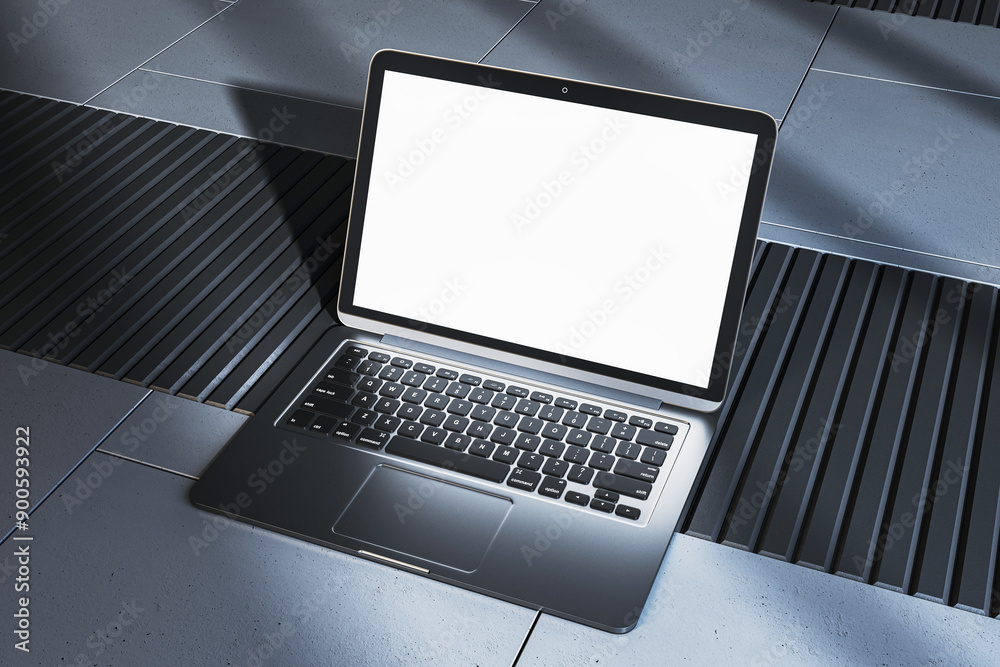 Poster Modern laptop with a blank screen on a tiled surface. 3D Rendering