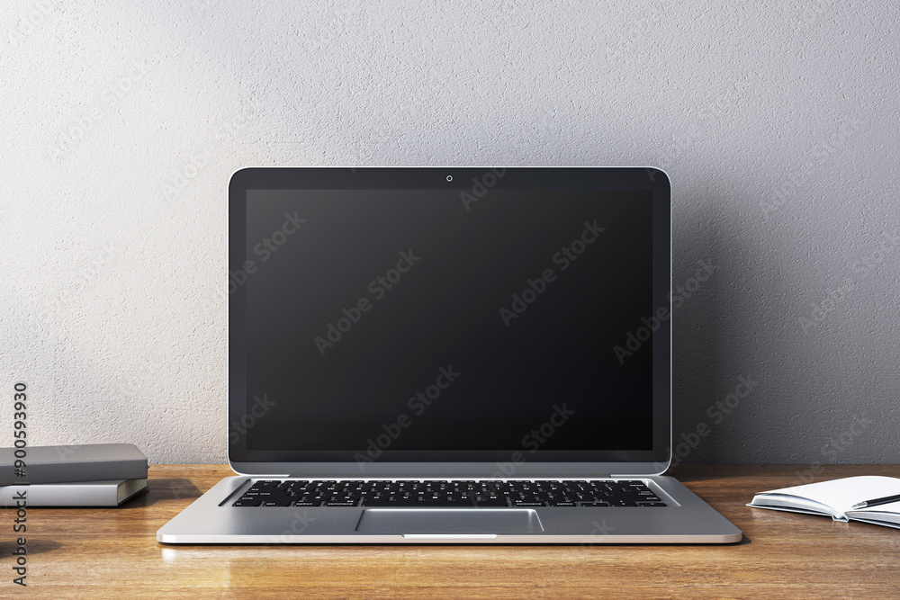 Poster modern laptop with blank screen on wooden desk in clean, minimalistic setup. 3d rendering