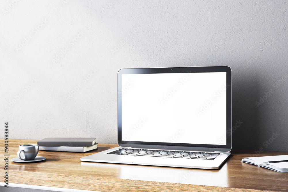 Poster modern laptop with blank screen on a wooden desk, notebook and coffee cup. 3d rendering
