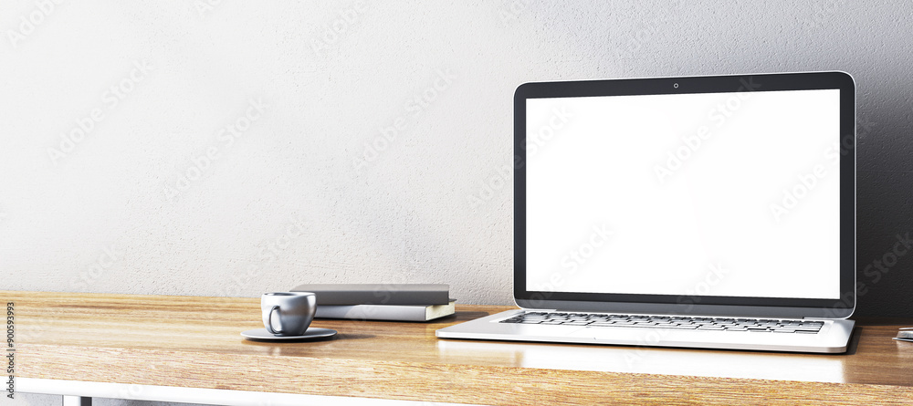 Poster blank screen laptop on wooden desk with books and cup. 3d rendering