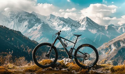 A mountain bike is parked against a stunning backdrop of snowy mountain peaks, representing the adventure and freedom associated with mountain biking in beautiful terrains